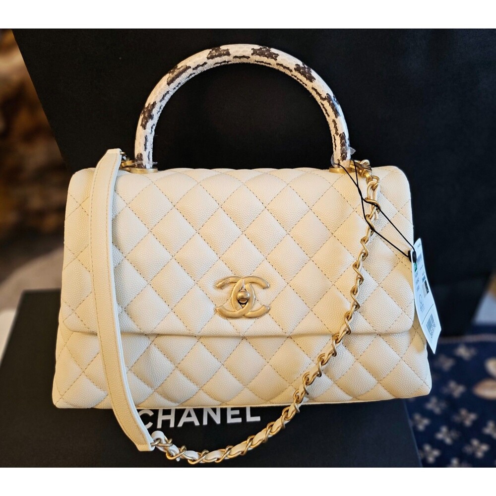 CHANEL 18K Flapbag with Top Handle Genuine Elaphe Snake Skin, M / L, NIB